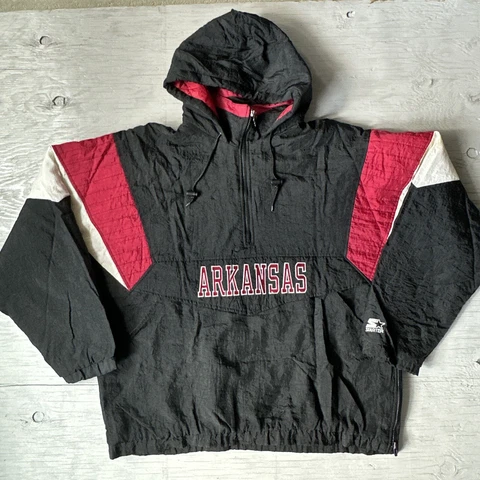 RARE! Vintage 90s NCAA Arkansas Razorbacks Starter 1/2 Zip Hooded Jacket Size XL Cover