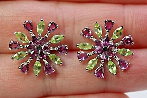 Earrings Pink Rhodolite Green Peridot Genuine Mined Gems Solid Sterling Silver