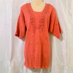 Vintage Bright Lights 1980's Dusty Rose Short Sleeve Lace Trimmed Sweater Sz 18 - Picture 1 of 4