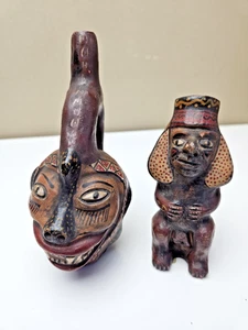 Portrait Head Stirrup Spout Bottle Vessel Peru Machu Picchu Ceramic Red Clay - Picture 1 of 16