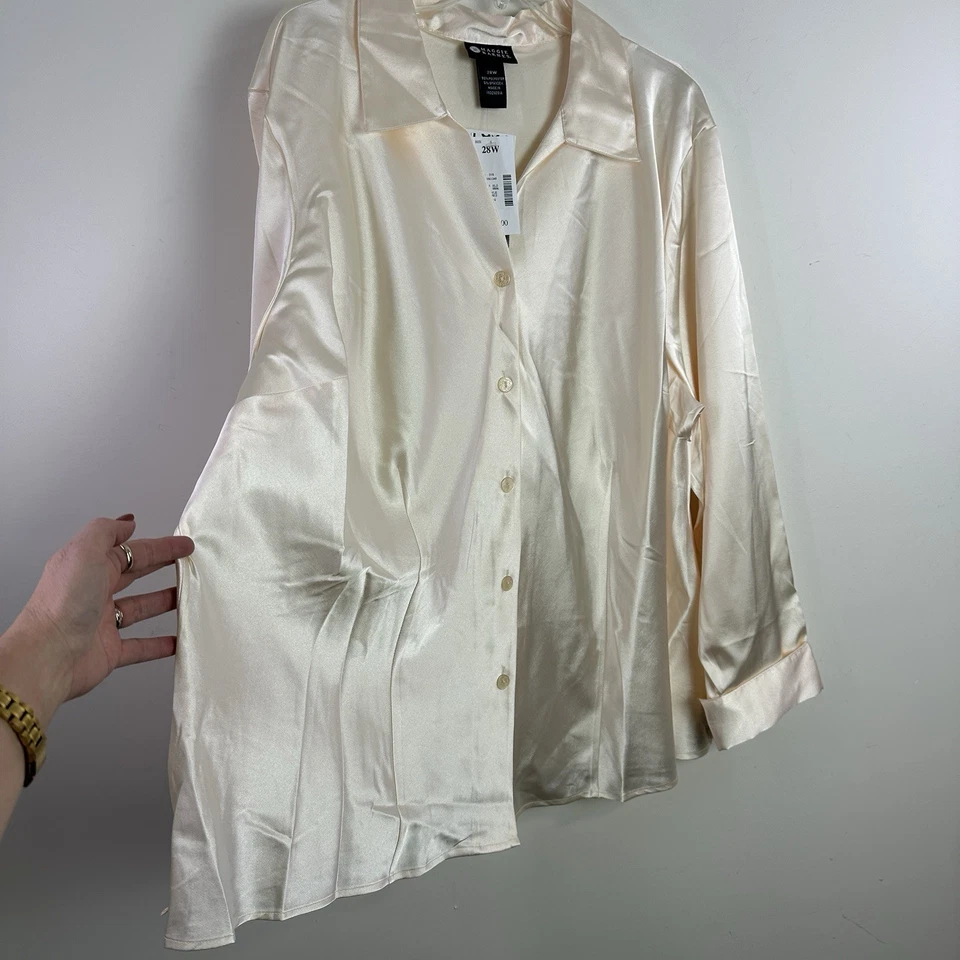 Maggie Barnes Satin Button Up Womens 28W Ivory Long-Sleeve Blouse Stretch New - Image 1 of 4