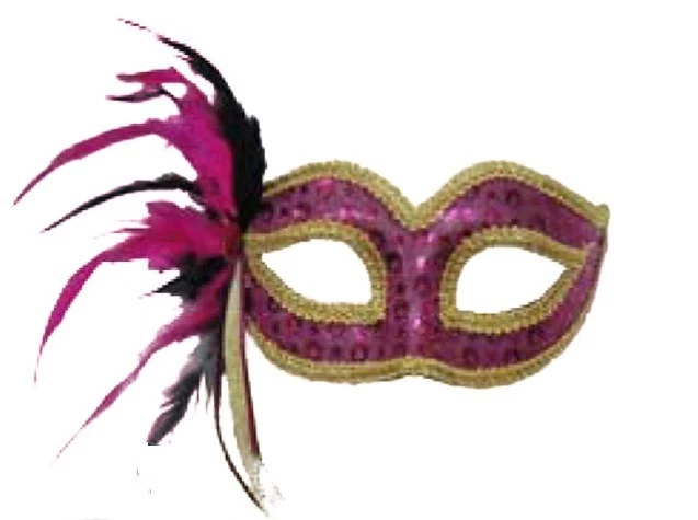 PINK SEQUIN VENETIAN STYLE MARDI GRAS MASQUERADE MASK w/ FEATHERS & RHINESTONE - Image 1 of 1