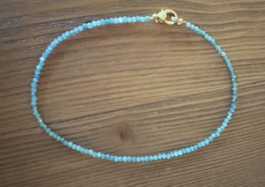 VINTAGE LA ROSE Aquamarine 3mm Bead Necklace, 16",   Brass & CZ Clasp, NWOT - Picture 1 of 10