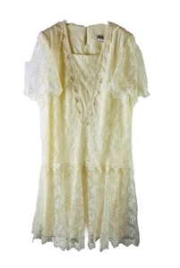 Vintage 80s Womens 3XL Frilly Lace Flounce Sleeve Dress Ivory USA Fairy Coquette - Picture 1 of 8