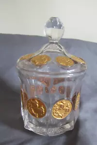 Vintage Fostoria Clear w/gold Coin Zodiac Glass Sugar Bowl w/ lid 6 1/2" tall - Picture 1 of 6