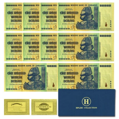 Zimbabwe 100 Trillion Dollars Gold Foil Plastic Banknotes 10pcs in Envelope - Image 1 of 4