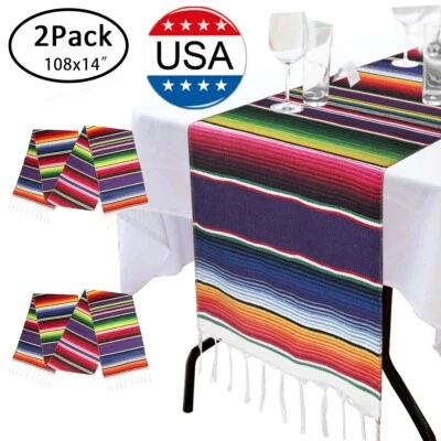 2Pack 108" x 14" Mexican Table Runner Hand Woven Tablecloth Fiesta Party Decor - Image 1 of 4