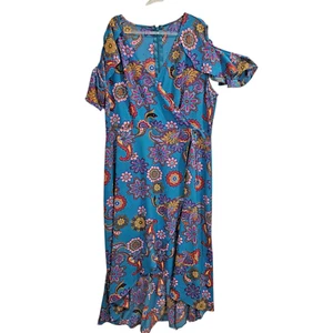 Handmade Maxi Dress Faux Wrap Vintage Blue 70s Floral Open Sleeves Size XL Crepe - Picture 1 of 7
