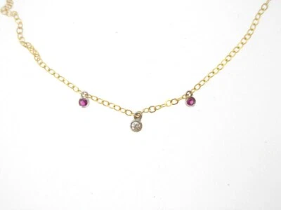 Necklace 14k yellow gold cable chain 15" with 1 diamond 2 rubies dangle - Image 1 of 2