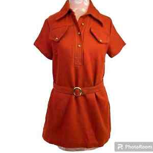 Vintage Orange Mini Dress 1970s Belted Dagger Collar Union Made Shirt Dress