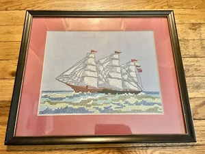 Vintage Glass Framed Cross Stitch Sailboat Ship Nautical Wall Hanging  Coastal - Picture 1 of 5