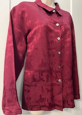 Chaqueta Chico’s Design XL Seda y Lino Granate Rojo 6 Botones Bolsillo Palmera Foto 1 de 4
