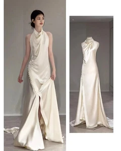 Simple Sheath High Neck Wedding Dresses Silk Satin Beach Ruched Bride Gowns - Picture 1 of 9