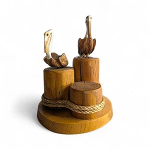 Honey Wood Designs Handcrafted Wood Carving Of Two Pelicans On The Piers - Picture 1 of 14