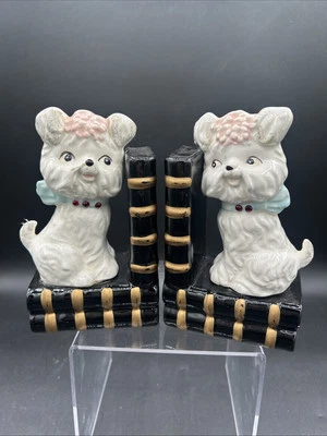 Vintage Fluffy Dog Bookends Ceramic 6" Hand Painted Puppies, Kitsch - Image 1 of 4