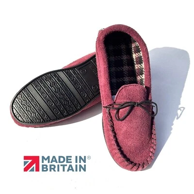 Ladies Moccasin Slippers Burgundy Hard Sole Real Suede Check Lining UK Coopers - Image 1 of 4