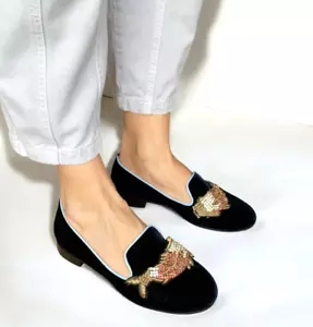 GIANVITO ROSSI x Mary Katrantzou Navy Velvet Scott Fish Embroidered Loafers, 37 - Picture 1 of 16