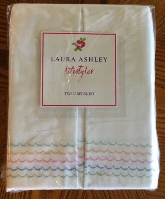 NEW LAURA ASHLEY Lifestyle Twin Size White Cotton Bedskirt SUMMER HAVEN Pattern - Image 1 of 4