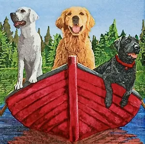 Z221# 3 servilletas de papel pequeñas individuales decoupage tres perros en bote rojo en lago - Imagen 1 de 12