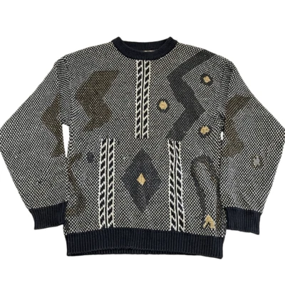 Vintage Generra Knit Sweater Men’s MediumGray Zig Zag Geometric Crew Neck 90d - Image 1 of 4