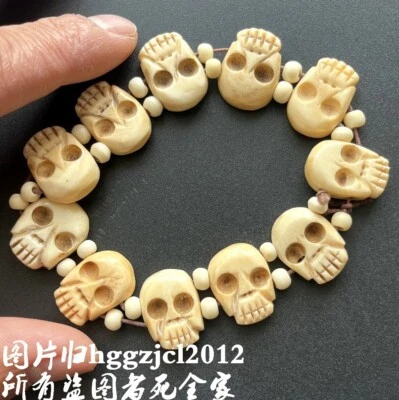 Esqueleto bovino natural tallado a mano cabeza de calavera cuentas pulsera cadena regalo Foto 1 de 4
