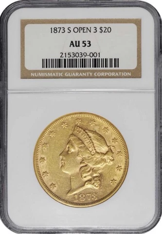 1873-S OPEN 3 $20 GOLD LIBERTY HEAD DOUBLE EAGLE NGC AU 53 Cover