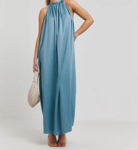 VESTIDO CUELLO HALTER SATINADO AZUL PÁLIDO SIMPLY BE DAMAS NUEVO (ref 495) - Imagen 1 de 3