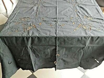 Nappe en coton teinté gris foncé avec broderies de fleurs ajourées ( 250 x 164 c - Photo 1/4
