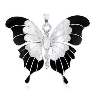 Precioso Colgante Grande Mariposa Multicolor Óix Negro y Mop Plata Esterlina - Imagen 1 de 4