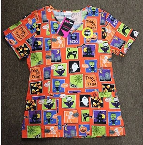 XS HALLOWEEN SCRUBS TOP Adult Women Uniform Medical Nurse Scrubstar Cute Fun NEW - Picture 1 of 1