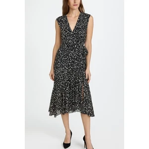 NWOT Rebecca Taylor Womens Wrap Dress Black Floral Print Sz 12 Midi Casual Party - Picture 1 of 8