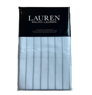 Ralph Lauren Spencer Rayas Satén 2 Fundas de Almohada ESTÁNDAR Verde Salvia NUEVO Foto 1 de 4