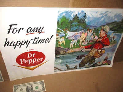 DR PEPPER - Enfriador de picnic PESCA - Coches - GRAN SIGNO DE PAPEL ANTIGUO Fecha 12-61 Litografía EE. UU. Foto 1 de 4