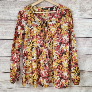 Eddie Bauer Blouse Large Key Hole Neck Button Cuff Autumn Leaf Boho Cottagecore  - Picture 1 of 9