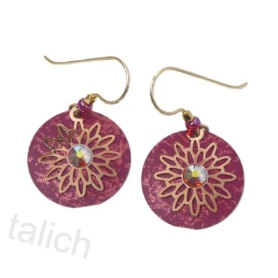 Adajio Earrings Shiny Rose Gold Tone Flower Over Rust Red Disc Handmade 8126 - Image 1 of 3