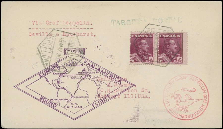 1930 SPAIN ZEPPELIN 1ST SOUTH AMERICA FLIGHT POSTCARD, BARCELONA-LAKEHURST - Image 1 of 2