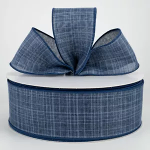 1.5" / 2.5" denim navy blue wired ribbon textured linen 5 yards CHOOSE WIDTH - Picture 1 of 8