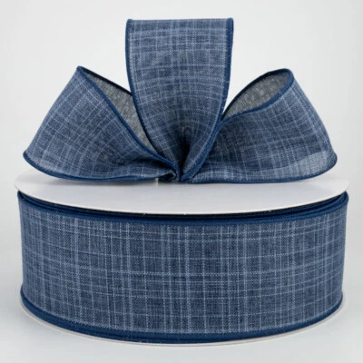 1.5" / 2.5" denim navy blue wired ribbon textured linen 5 yards CHOOSE WIDTH - Image 1 of 4