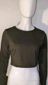 NWT Women's Dress Day Army Green Long Sleeve Cropped Round Neck Top Sz Lg - Picture 1 of 4