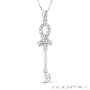 Breast / Ovarian Cancer Awareness Ribbon 14k White Gold CZ Skeleton Key Pendant - Picture 1 of 1