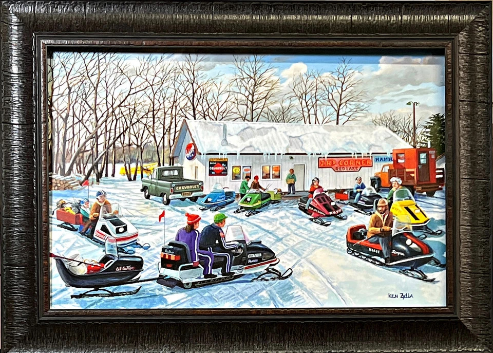 WILDLIFEPRINTS.COM Ken Zylla JR's Corner Snowmobile Fishing Art Print Framed 22 x 16