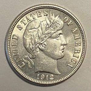 Uncirculated 1912 Philadelphia Mint Silver Barber Dime Silver Coin - Picture 1 of 4