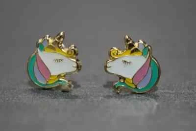 Aretes con cabeza de unicornio esmaltados en oro amarillo macizo de 14K cara tornillo trasero Foto 1 de 3