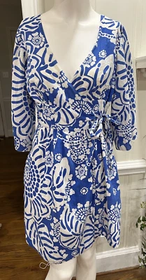 Vestido Tibi Azul Blanco Floral Envolvente Corbata Cintura 6 Foto 1 de 4