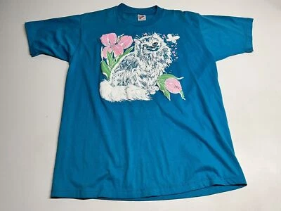 Floral Cute Cat Grandma T-Shirt Puffy Paint Jerzees Size Large Made in USA Vtg - Image 1 of 4