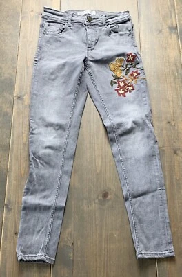 Zara Basic Faded Gray Skinny Jeans Embroided Multicolored Flowers Women’s Size:2 - Image 1 of 4