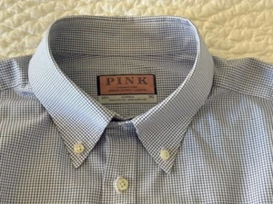 Vintage Thomas Pink Mens Button Down Blue White Check Dress Shirt 16 1/2 - 35 - Picture 1 of 12