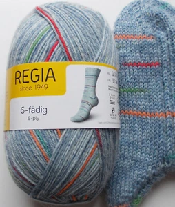 98,00 €/kg - Sockenwolle 150g, jeansblau mit Streifen, 6-fach, Regia (06218) - Bild 1 von 1