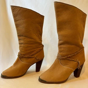 Vintage Zodiac Soft Tan Leather Boots Womens 8M High Western 3" Heel 12" Tall - Picture 1 of 17
