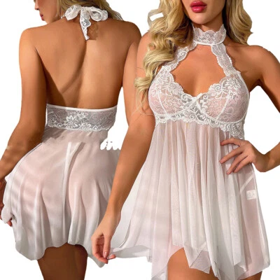 Nova Lingerie Feminina Halter Sem Costas Corte Frente Crochê Renda Babydoll Branca - Imagem 1 de 4